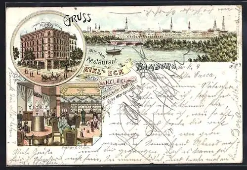 Lithographie Hamburg-Eilbek, Restaurant Kiel`s Eck, Inh. H. C. L. Kiel, Wandsbeker Chaussee, Ecke Wartenau
