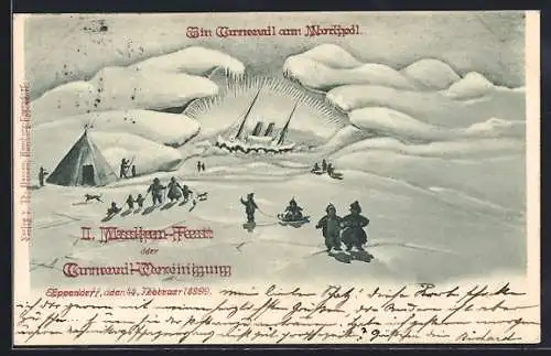 Künstler-AK Hamburg-Eppendorf, 2. Maskenfest der Carneval-Vereinigung 1899, Familien am Nordpol mit Schlitten und Hund