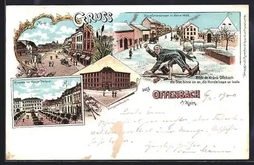 Lithographie Offenbach / Main, Aliceplatz mit Kriegerdenkmal, Markt, Kunstgewerbeschule, Hund