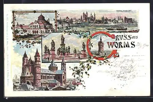 Lithographie Worms, Festspielhaus, Lutherdenkmal und Totalansicht