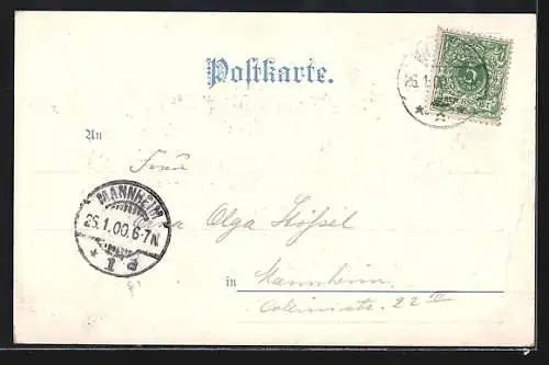 Lithographie Worms, Festspielhaus, Lutherdenkmal und Totalansicht