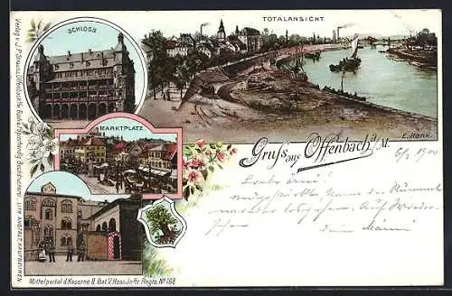 Lithographie Offenbach a. M., Totalansicht, Schloss, Markt, Kaserne, Wappen