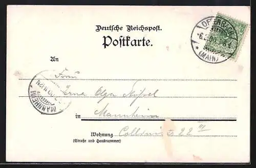 Lithographie Offenbach a. M., Totalansicht, Schloss, Markt, Kaserne, Wappen