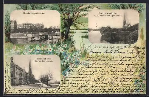 Passepartout-Lithographie Hamburg-Hohenfelde, Mundsburgerbrücke, Getrudenkirche, Immenhof