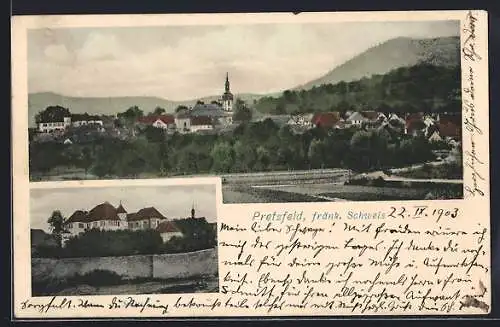 AK Pretzfeld /fränk. Schweiz, Totalansicht mit Panorama und Schloss