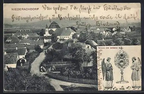 AK Niederachdorf, Ortsansicht aus der Vogelschau und Reliquie vom kostbaren Blut