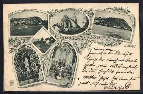 AK Bogen, Pfarrkirche Bogenberg von innen und aussen, Flusspartie und Grotte