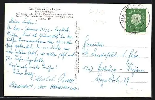 AK Kelheim / Donau, Panorama & Gasthaus weisses Lamm mit Innenansicht