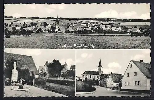 AK Eysölden /Mfr., Partien an Denkmal und Kirche, Ortsansicht mit Landschaft