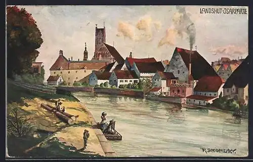 Künstler-AK Landshut, Flusspartie an der Isar