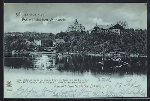 Mondschein-AK Holsteinische Schweiz, Blick vom See mit Dampfer und Ruderboot