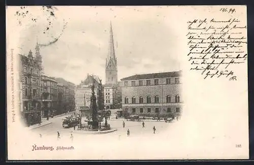 AK Hamburg, Fischmarkt mit Strassenbahn und Kirche