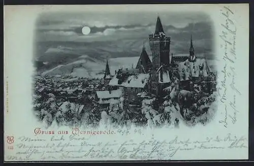 Mondschein-AK Wernigerode, Ortsansicht im Winter