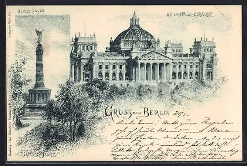 Künstler-AK Berlin-Tiergarten, Partien an Siegessäule und Reichstag