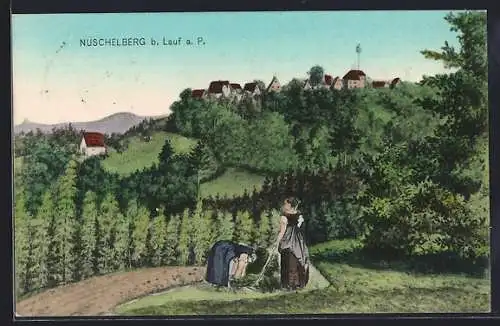 AK Nuschelberg b. Lauf, Ortsansicht mit arbeitenden Frauen