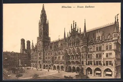 AK München, Rathaus mit Brunnen, Strassenbahn