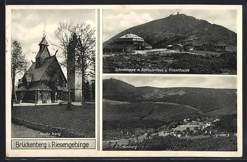 AK Brückenberg, Kirche Wang, Schneekoppe mit Schlesierhaus und Riesenbaude, Totalansicht des Ortes