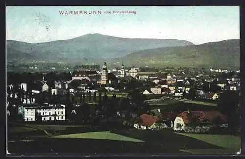 AK Warmbrunn, Ortsansicht mit Kirche vom Scholzenberg aus
