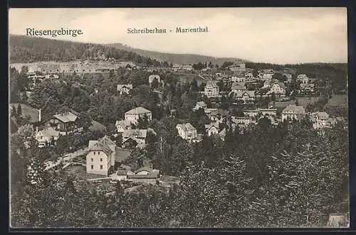 AK Schreiberhau-Marienthal, Ortsansicht aus der Vogelschau