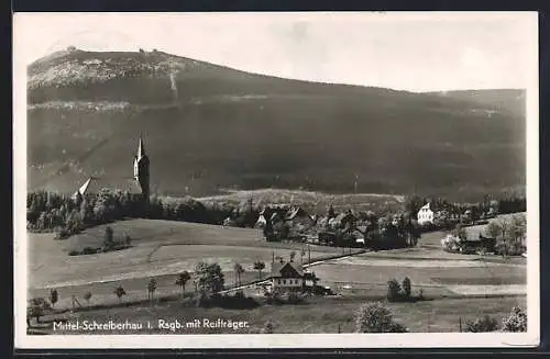 AK Mittel-Schreiberhau i. Rsgb., Ortsansicht mit Kirche und Reifträger