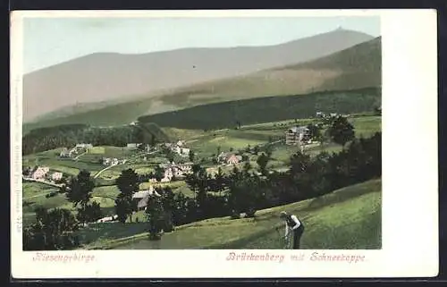 AK Brückenberg /Riesengebirge, Ortsansicht mit Schneekoppe