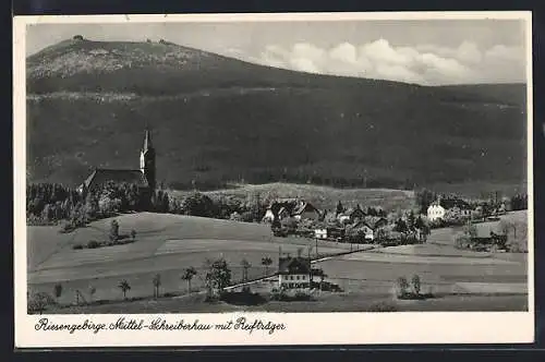 AK Mittel-Schreiberhau /Riesengebirge, Ortsansicht mit Kirche und Reifträger