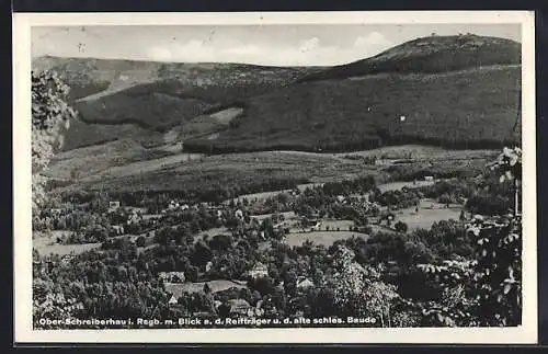 AK Ober-Schreiberhau i. Rsgb., Ortsansicht mit Blick a. d. Reifträger u. d. alte schles. Baude