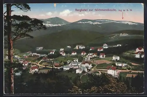 AK Ober-Krummhübel /Riesengebirge, Berghotel zur Teichmannbaude und Schneekoppe