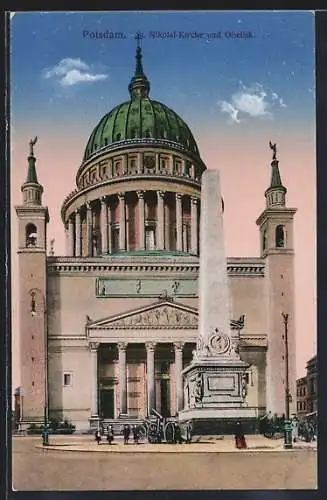 AK Potsdam, St. Nikolai-Kirche und Obelisk
