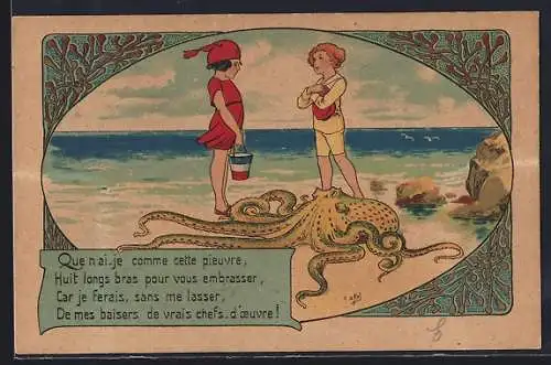 Künstler-AK sign. E. Oroj: Pärchen mit Octopus am Strand