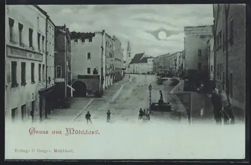 Mondschein-AK Mühldorf, Strassenpartie mit Gasthaus