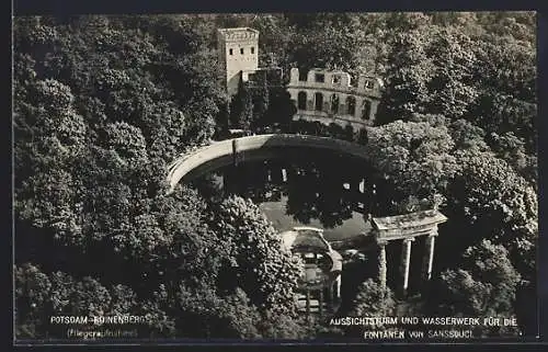 AK Potsdam, Ruinenberg, Aussichtsturm und Wasserwerk für die Fontänen von Sanssouci, Fliegeraufnahme