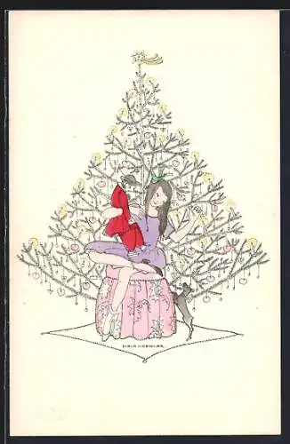 Künstler-AK Mela Köhler: Mädchen unterm Christbaum mit Puppe und Hündchen