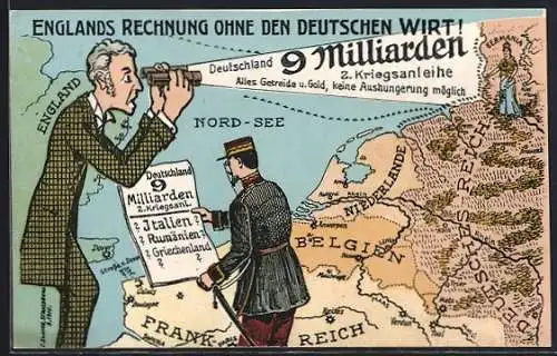 Künstler-AK Englands Rechnung ohne den Deutschen Wirt!, 9 Milliarden, Propaganda 1. Weltkrieg