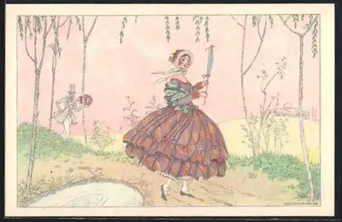 Künstler-AK Mela Köhler: Dame mit Schirm, Kavalier mit Blumen