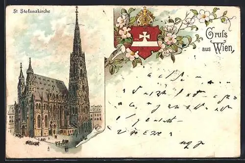Vorläufer-Lithographie Wien, 1893, St. Stefanskirche, Wappen