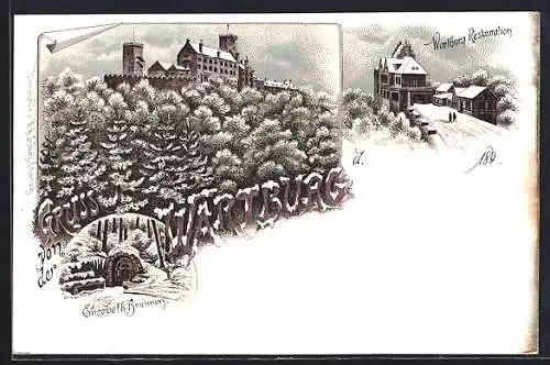 Winter-Lithographie Wartburg, Wartburg-Restauration, Elisabethbrunnen