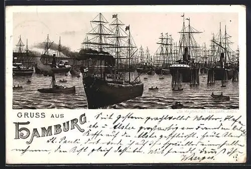 Vorläufer-Lithographie Hamburg, 1895, Schiffe im Hafen