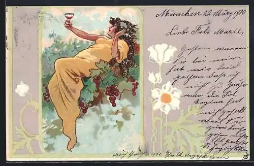 AK Frau mit Weinglas liegt auf Weintrauben, Jugendstil, Private Stadtpost