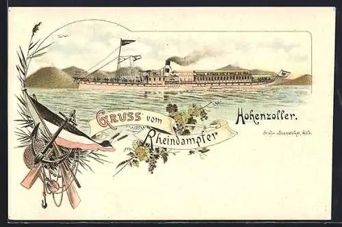 Lithographie Rheindampfer Hohenzoller in Fahrt
