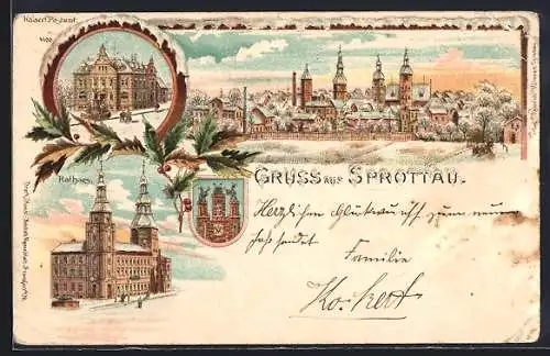 Lithographie Sprottau, Kaiserl. Postamt, Rathaus, Ortsansicht
