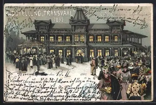 Lithographie Berlin, Ausstellung Transvaal 1897, Cafe & Clubhaus Johannesburg