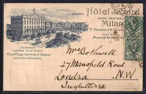 Lithographie Milan, Hotel du Nord, Gare Centrale