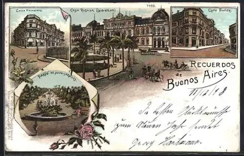 Lithographie Buenos Aires, Casa Rosada-Gobierno, Paseo de Julio-Jardines