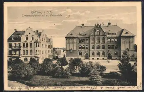 AK Goldberg, Trotzendorfplatz mit ev. Volksschule