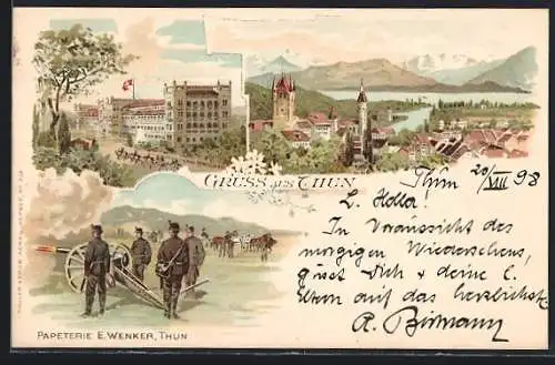 Lithographie Thun, Ortsansicht aus der Vogelschau