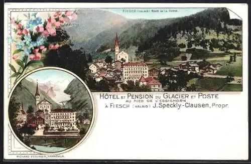 Lithographie Fiesch, Hotel et Pension du Glacier et Poste, Ortsansicht