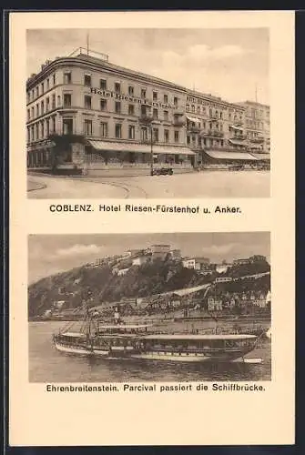 AK Coblenz, Hotel Riesen-Fürstenhof und Anker, Ehrenbreitstein mit Dampfschiff Parcival