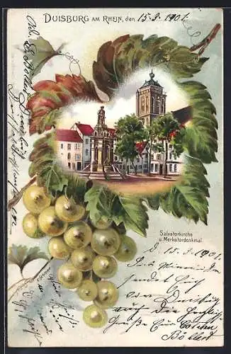 Passepartout-Lithographie Duisburg am Rhein, Salvatorikirche Merkaterdenkmal, Eichenblatt