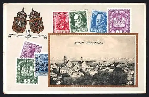 AK Wörishofen, Blick über die Dächer, Passepartout mit Briefmarken und Wappen